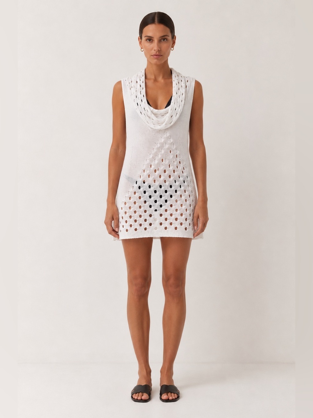 Sarah Pacini white open weave linen blend cowl neck tunic top or swim cover.